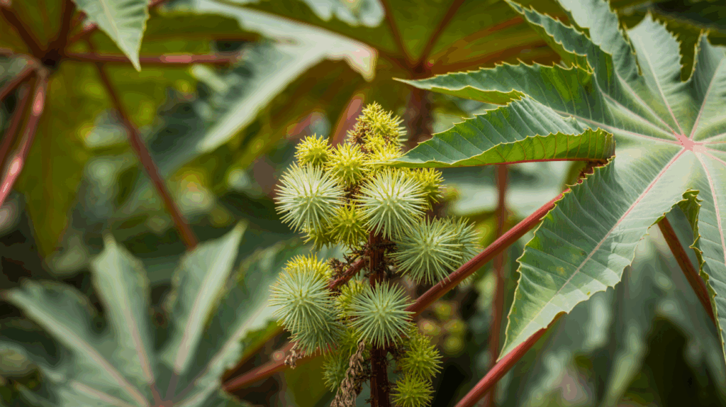 Castor plant leaves and seed pods in sunlight showing the source of castor oil