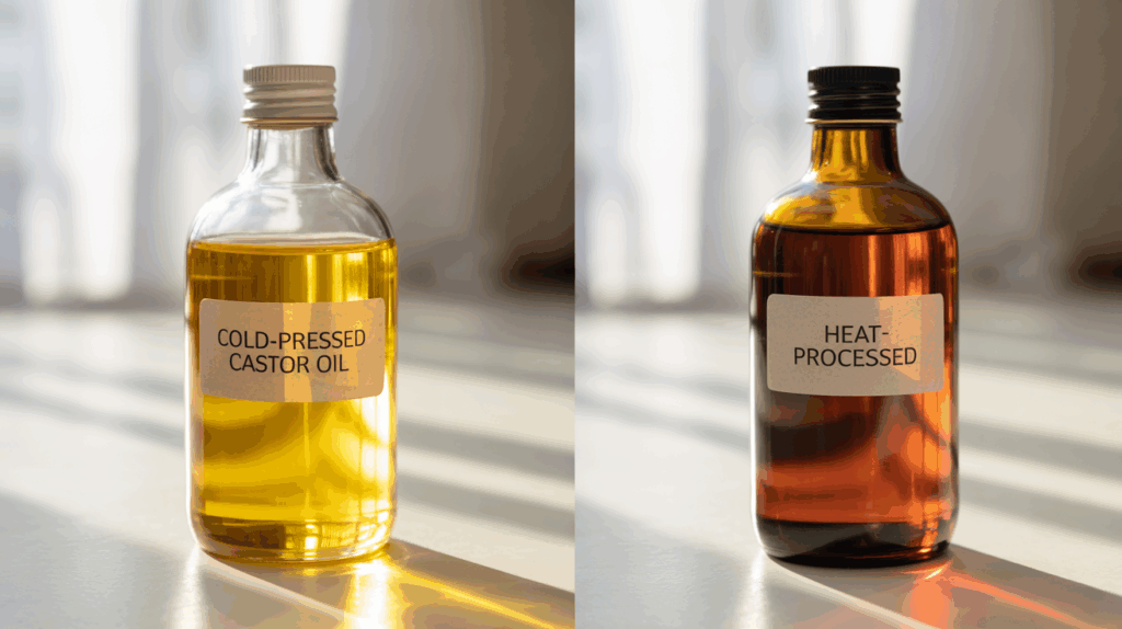 Comparison of cold-pressed and heat-processed castor oils showing color and clarity differences
