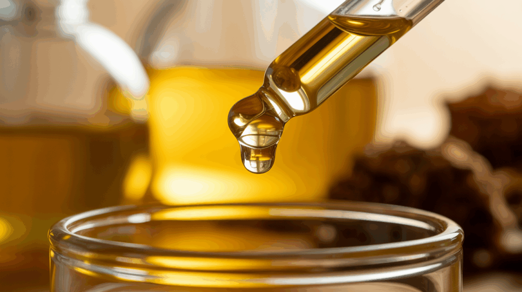 Thick golden castor oil dripping from a dropper showing pure texture