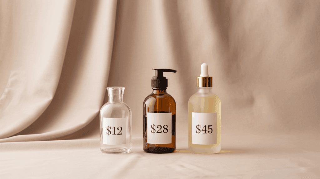 Castor oil bottles labeled with different prices representing quality levels