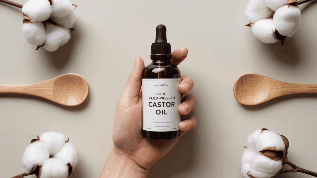 Hand holding a dark glass castor oil bottle symbolizing quality choice