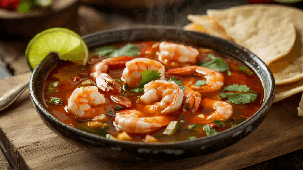 Bowl of spicy shrimp and green chili stew with tender shrimp in a zesty, flavorful broth, capturing a warm and vibrant seafood dish