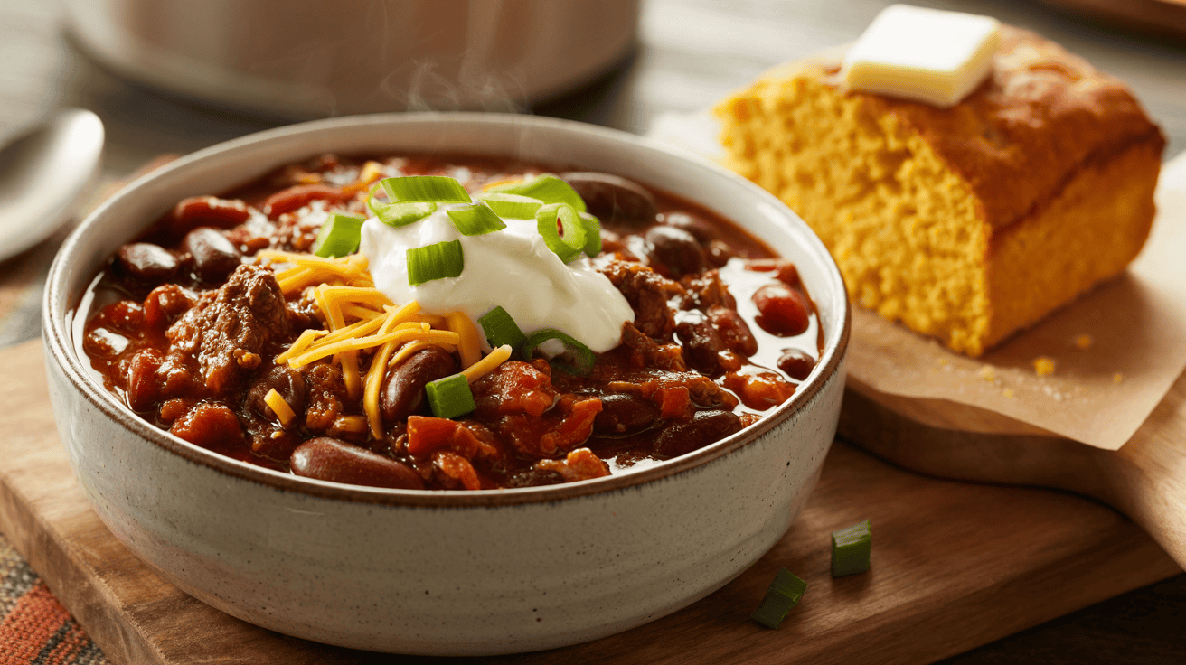 This beef and bean chili is the perfect dish for cozy nights. It’s hearty, spicy, and pairs wonderfully with warm cornbread