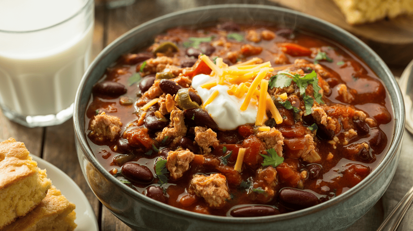 Bowl of spicy turkey chili with rich, bold seasoning and a hearty texture, ideal for warming up on a cold night