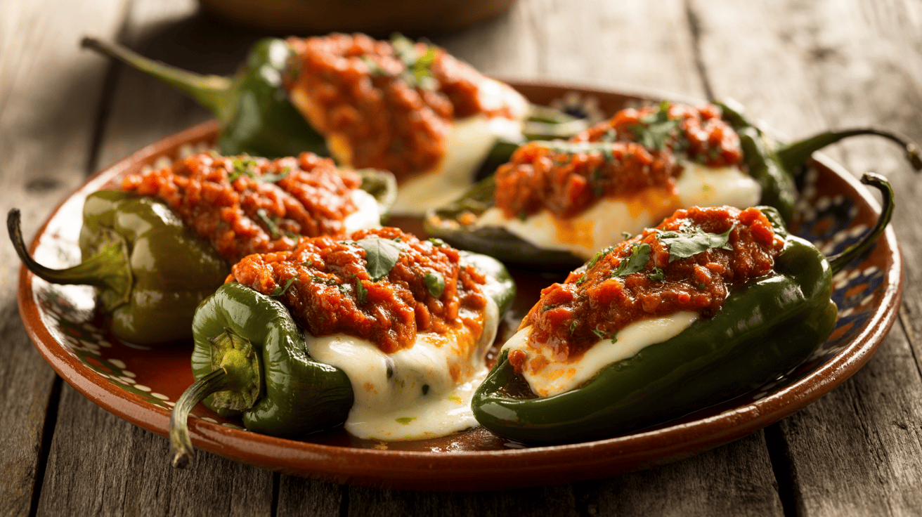 Chili Rellenos served with tomato sauce and garnished with cilantro