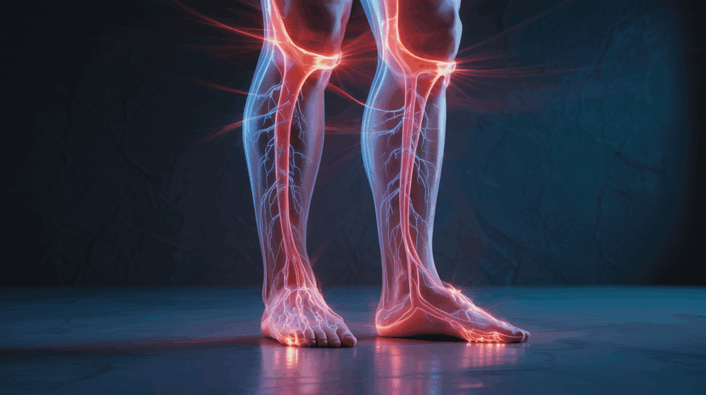 Artistic image highlighting improved leg circulation from vibration plate exercise
