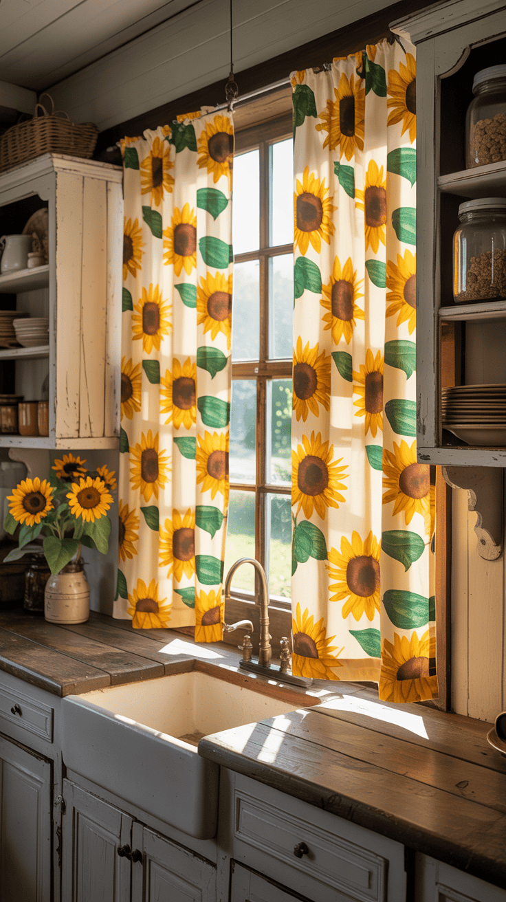 Bright sunflower curtains in a kitchen setting.