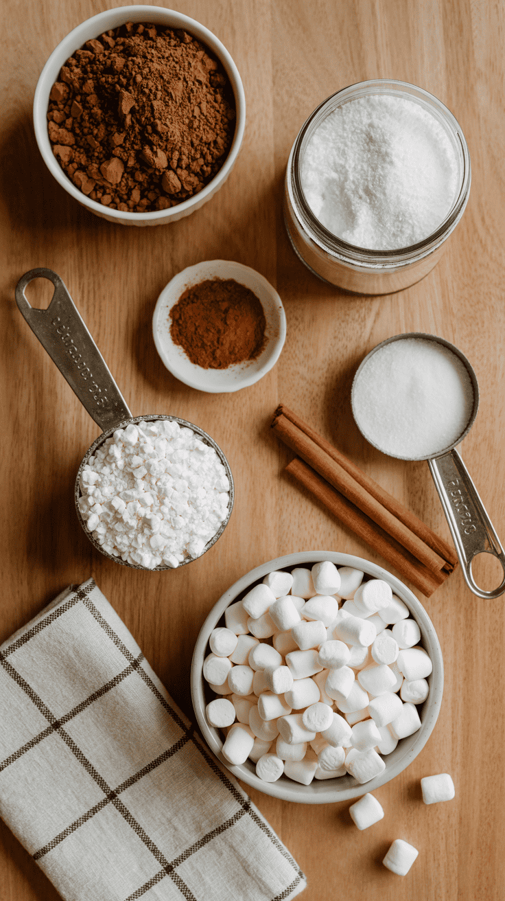 Hot cocoa mix ingredients displayed on a wooden countertop including cocoa powder, powdered sugar, milk powder, cinnamon, and marshmallows