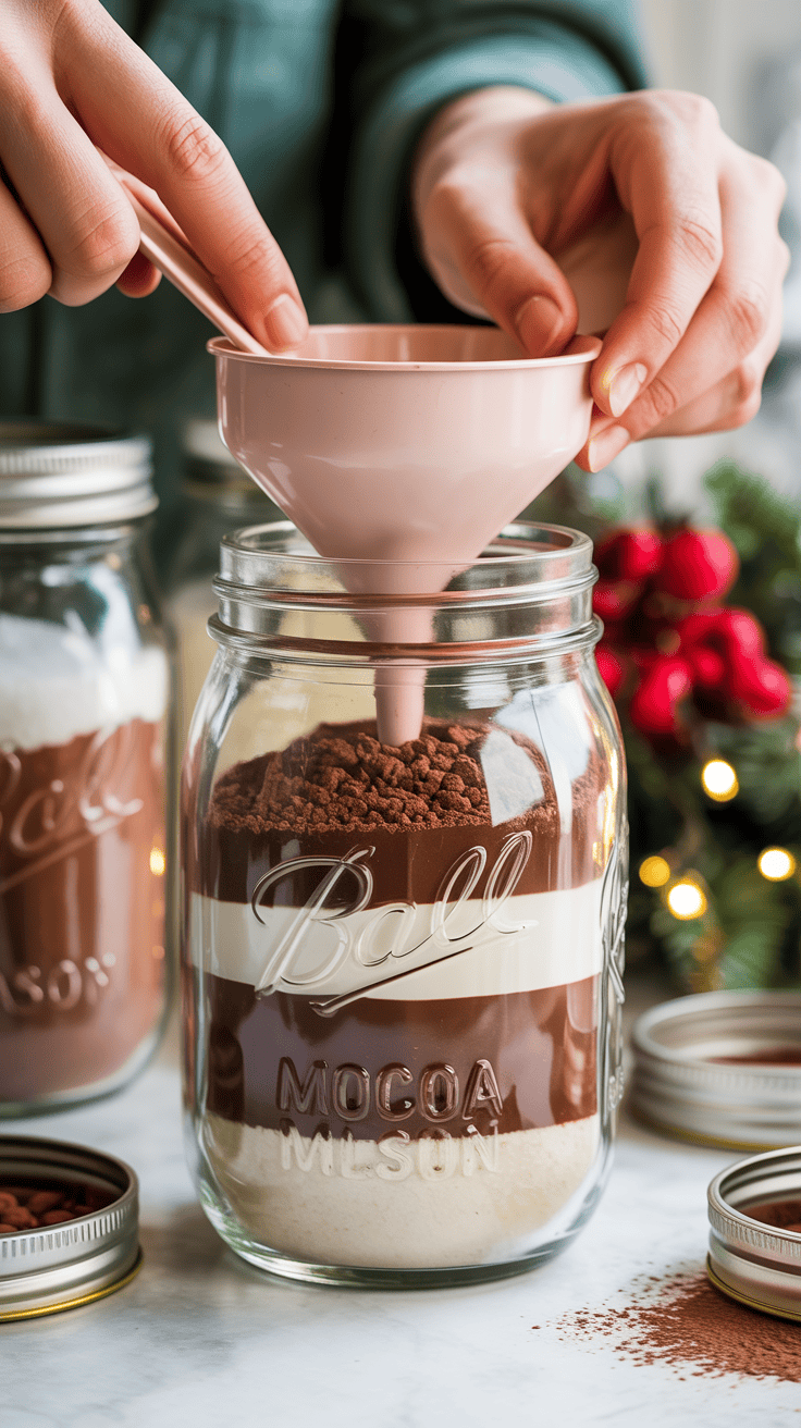 Hands layering homemade hot cocoa mix ingredients into a mason jar with a funnel, creating decorative cocoa layers for gifting