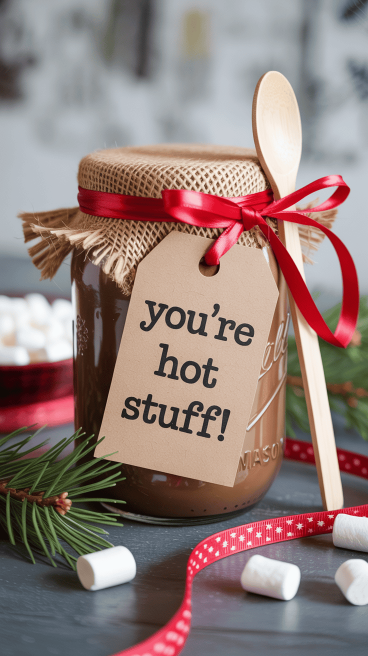Decorated mason jar hot cocoa mix with burlap lid, ribbon, and wooden spoon — a festive homemade holiday gift idea