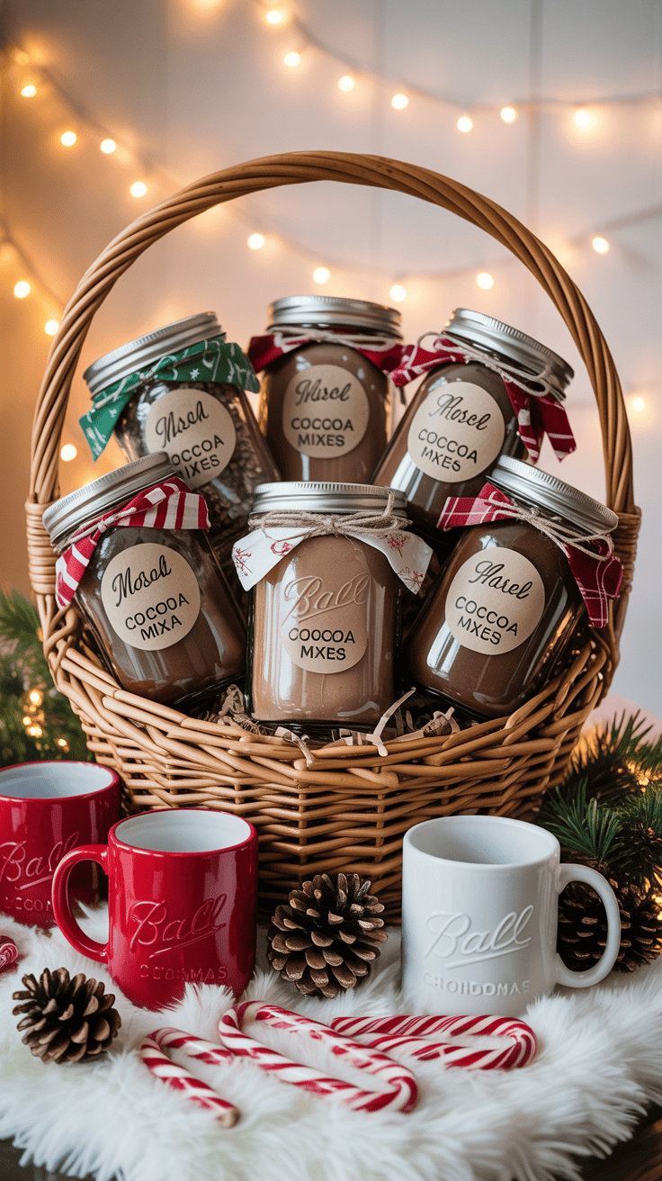 Gift basket filled with decorated mason jar hot cocoa mixes, candy canes, and holiday mugs — perfect for cozy Christmas gifting