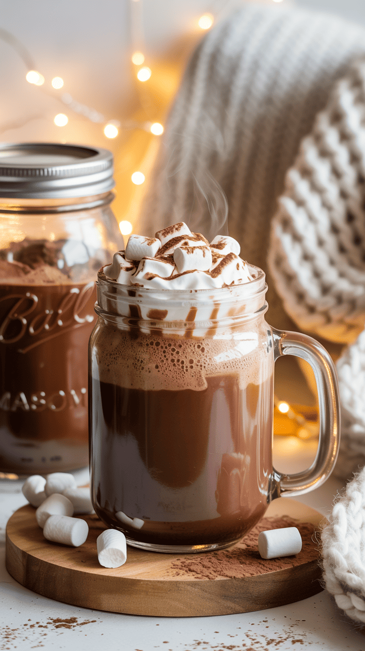Steaming mug of homemade hot cocoa made from mason jar mix with whipped cream and marshmallows beside a cozy holiday setting
