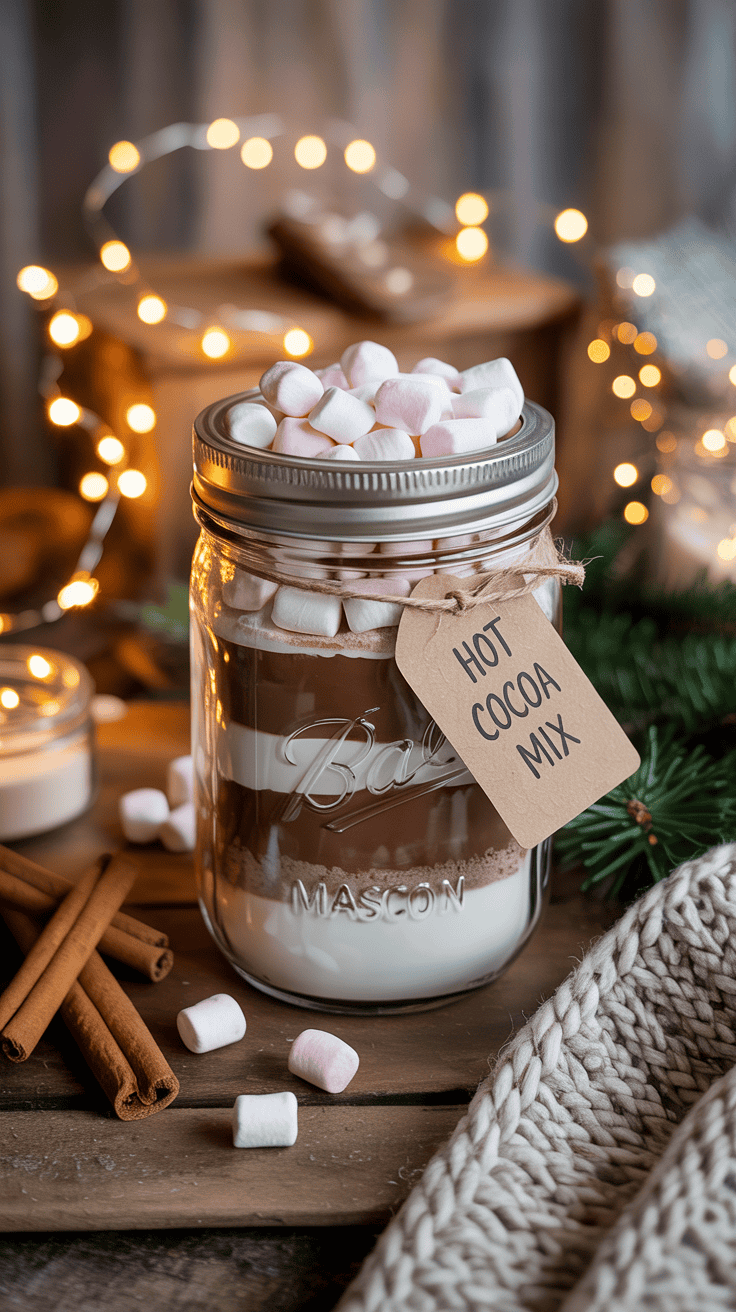 Homemade mason jar hot cocoa gift mix with marshmallows and twine tag on a rustic wooden table, surrounded by cozy holiday decorations