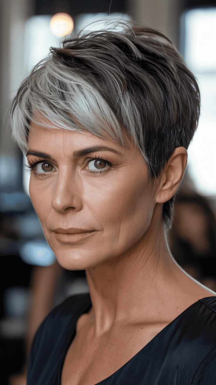A mature woman with an asymmetrical pixie cut, showcasing a modern hairstyle.