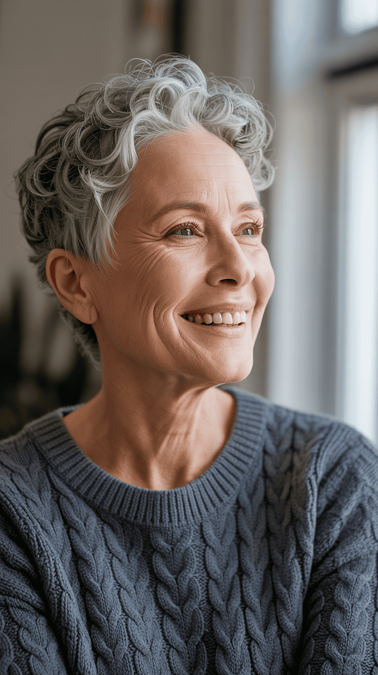 A woman with a soft curly pixie hairstyle, smiling and wearing a dark sweater