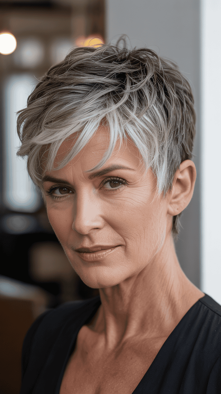 A mature woman with a chic textured pixie hairstyle, showcasing volume and layers