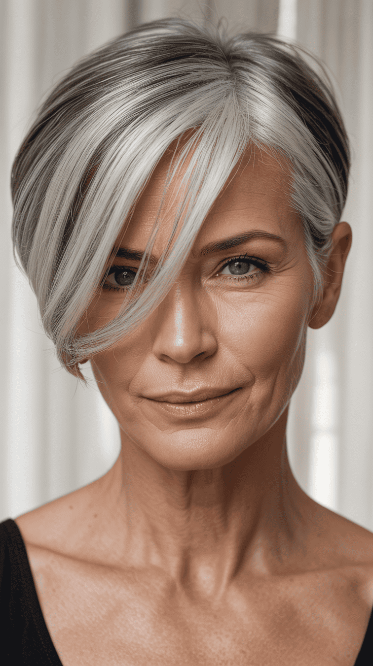 A mature woman with a sleek side-swept pixie hairstyle, showcasing a modern and elegant look