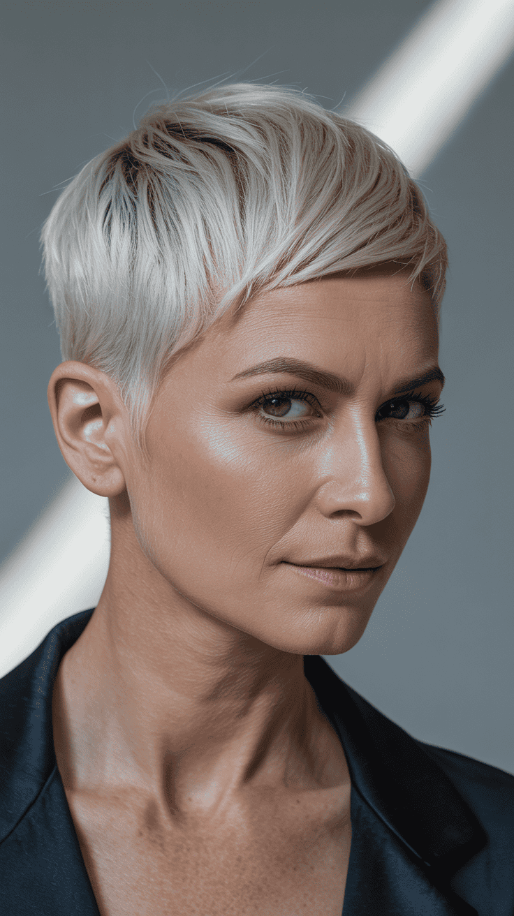 A mature woman with a short pixie undercut hairstyle, showcasing a stylish and modern look