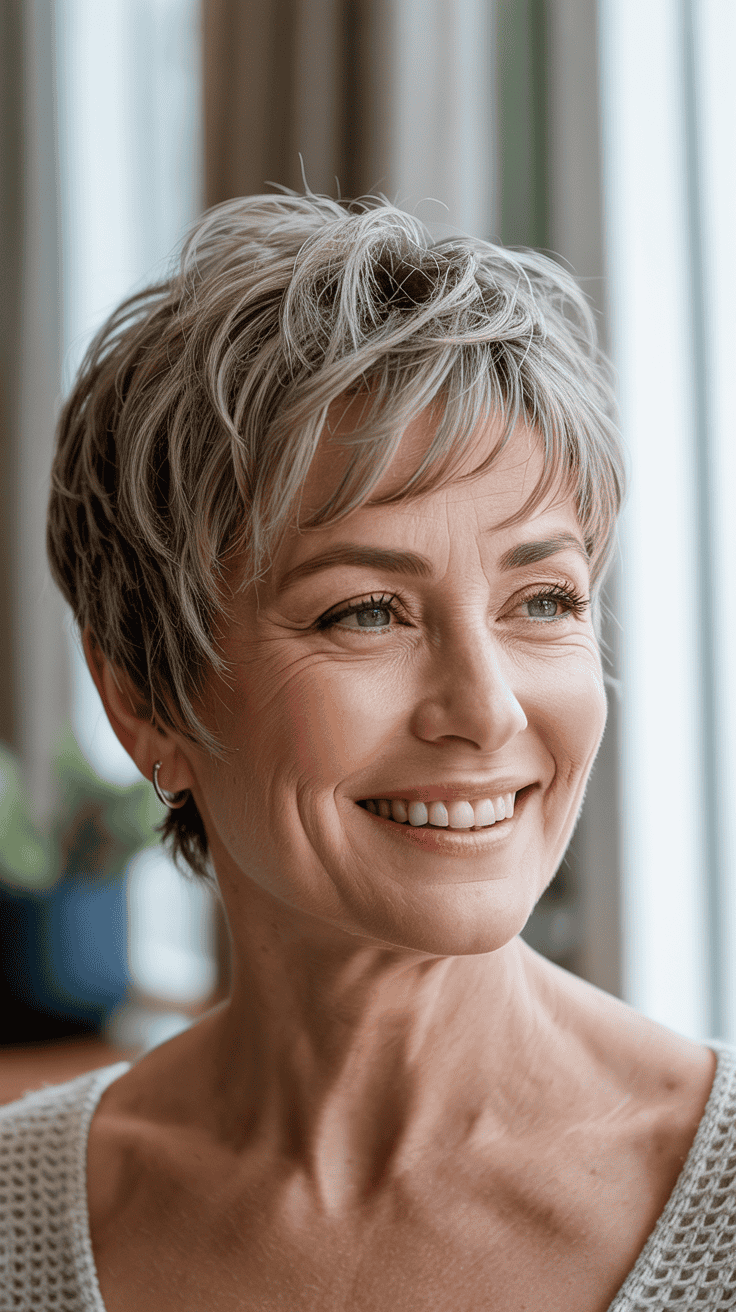 A mature woman with a textured pixie haircut and bangs, smiling at the camera