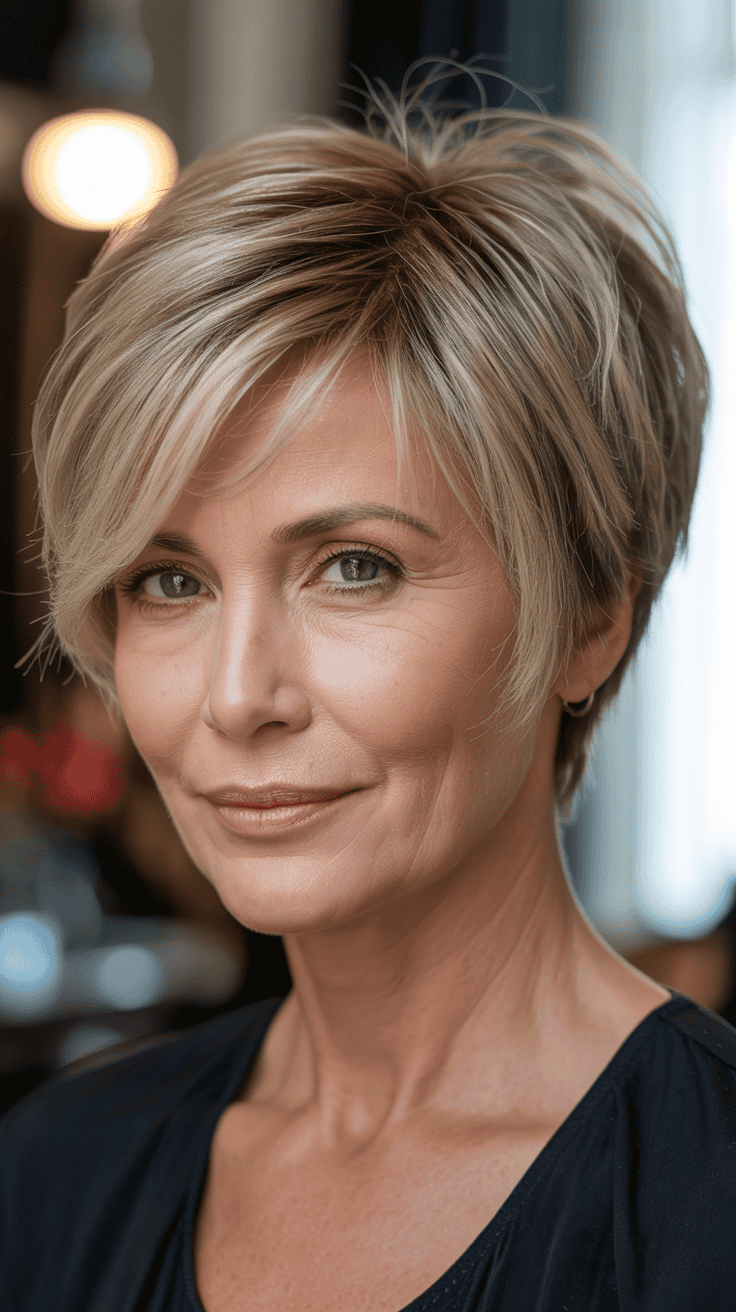 A mature woman with a short pixie bob hybrid hairstyle, showcasing soft layers and a stylish look
