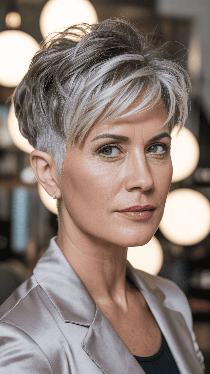 A mature woman with a stylish pixie undercut hairstyle, showcasing volume and elegance