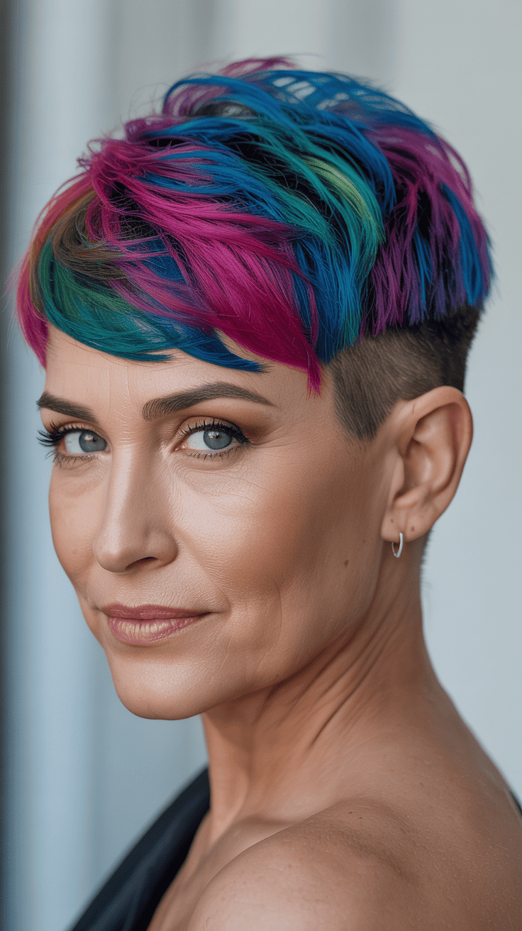 Confident mature woman with a rainbow pixie undercut and a warm smile in soft studio lighting