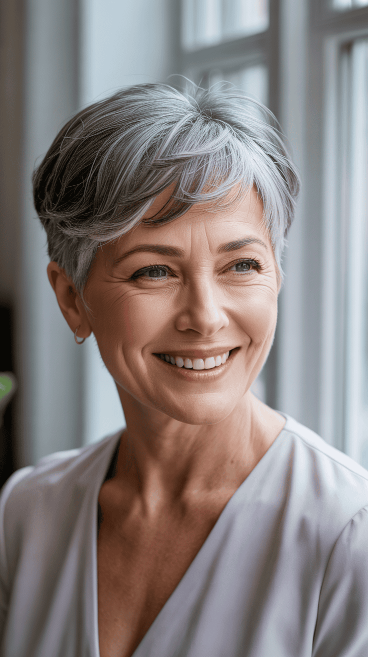 A mature woman with a classic pixie haircut and side part, smiling warmly