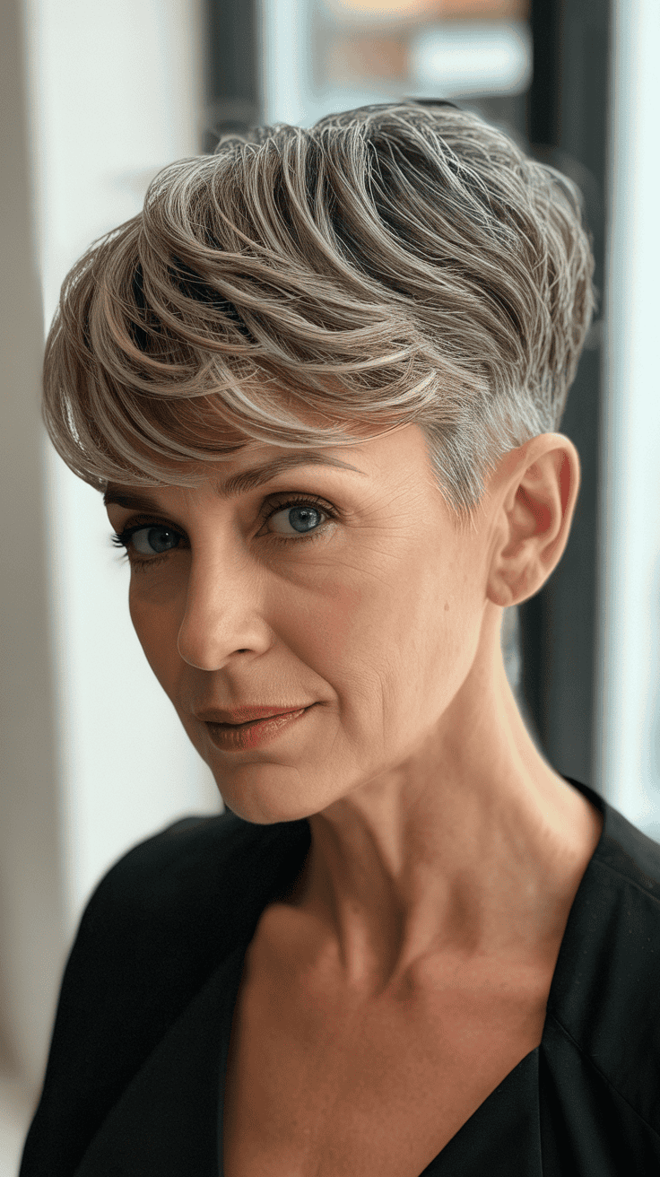 A mature woman with a vintage-inspired pixie undercut hairstyle, showcasing soft layers and volume