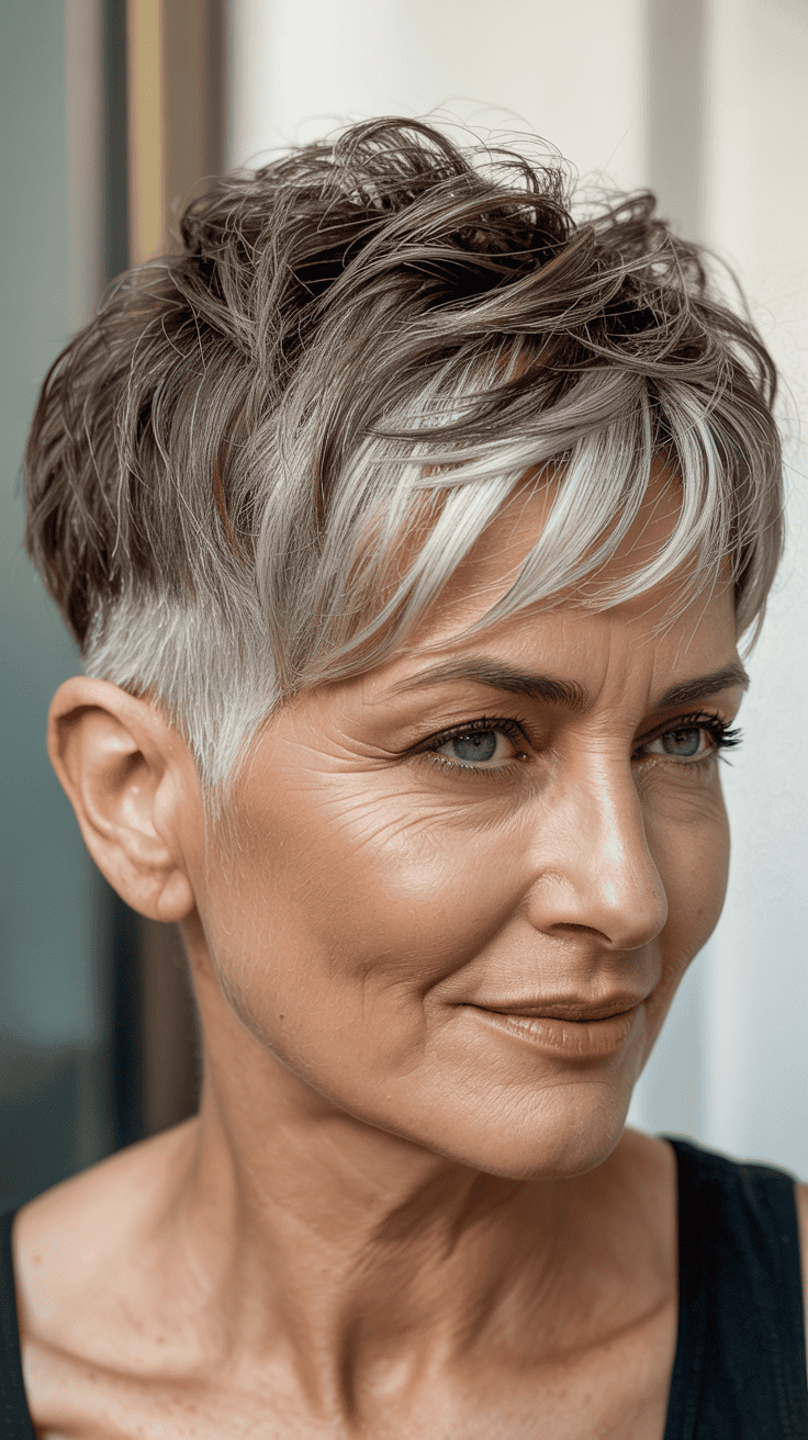A mature woman with a modern pixie undercut hairstyle featuring shaggy layers