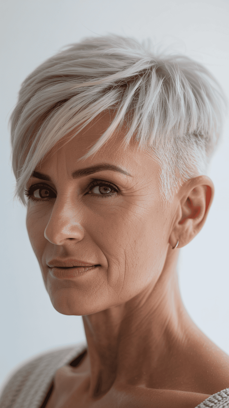 A woman with a stylish pixie haircut featuring a dramatic side undercut