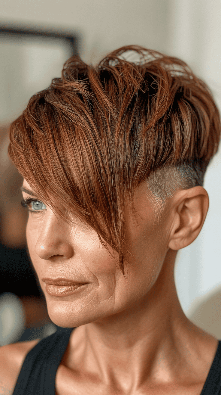 A mature woman with a choppy pixie undercut hairstyle, showcasing layers and texture.