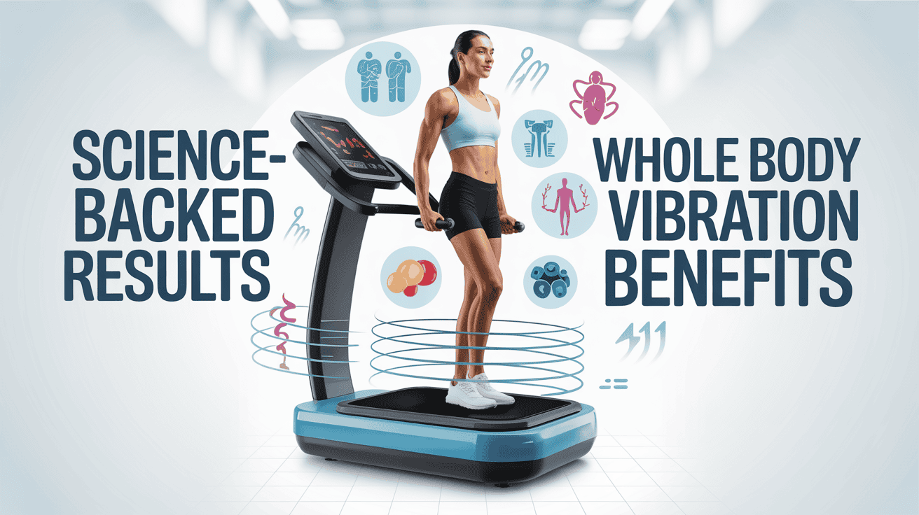 Woman using a whole-body vibration machine with icons showing fitness and health benefits.