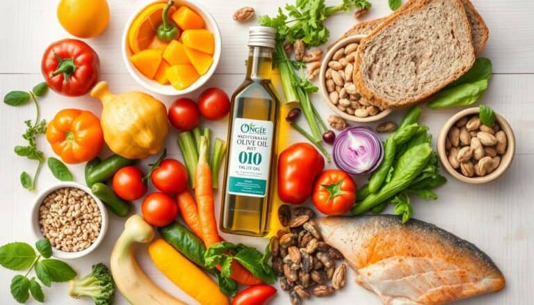 Mediterranean Diet ingredients including olive oil, vegetables, whole grains, and fish