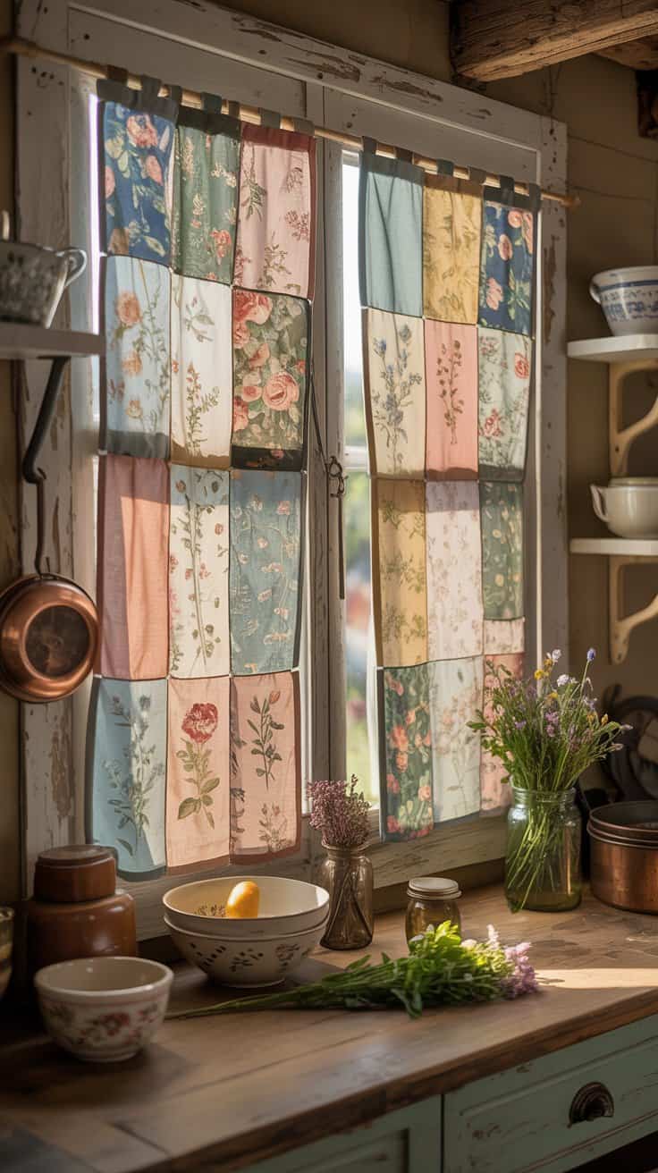 Rustic floral patchwork curtains in a cozy cottagecore kitchen setting