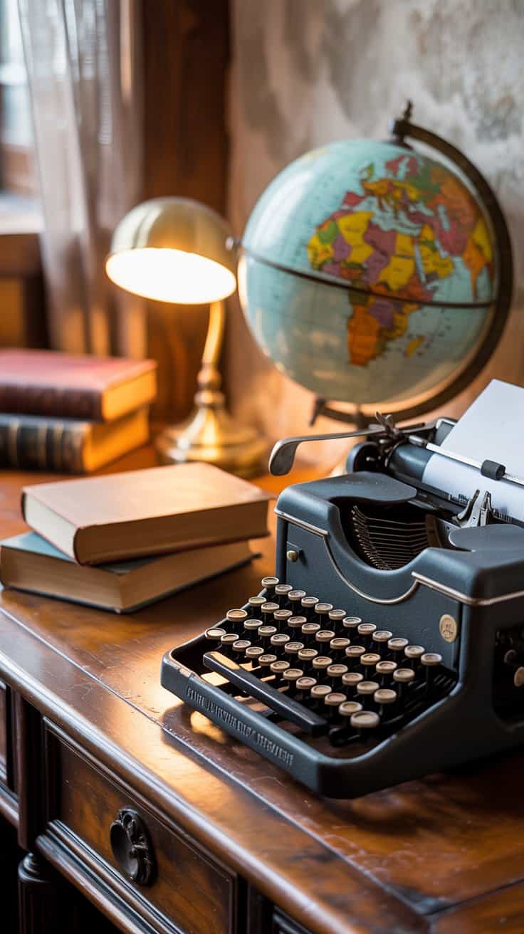 Vintage home office with a black typewriter on a wooden desk, a globe, and stacked books illuminated by warm natural light