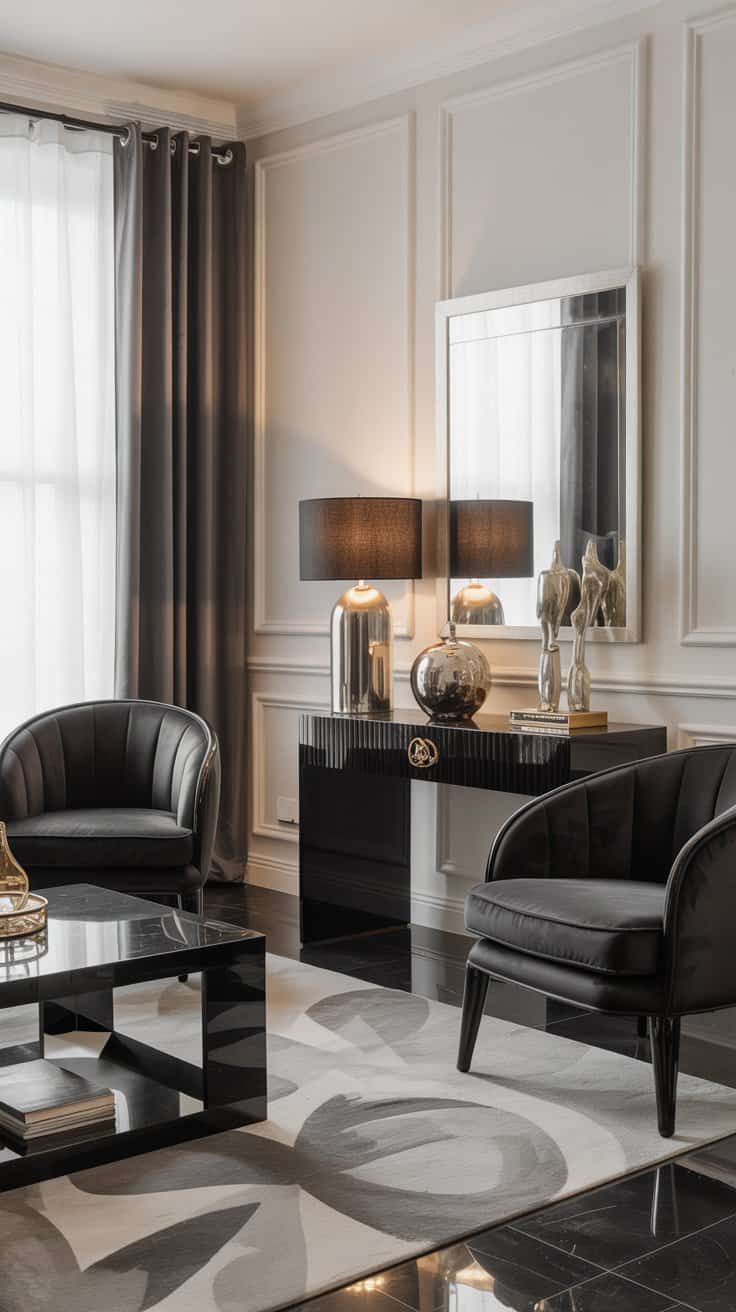 Glossy black console and matte velvet chairs in a Hollywood Regency-inspired space