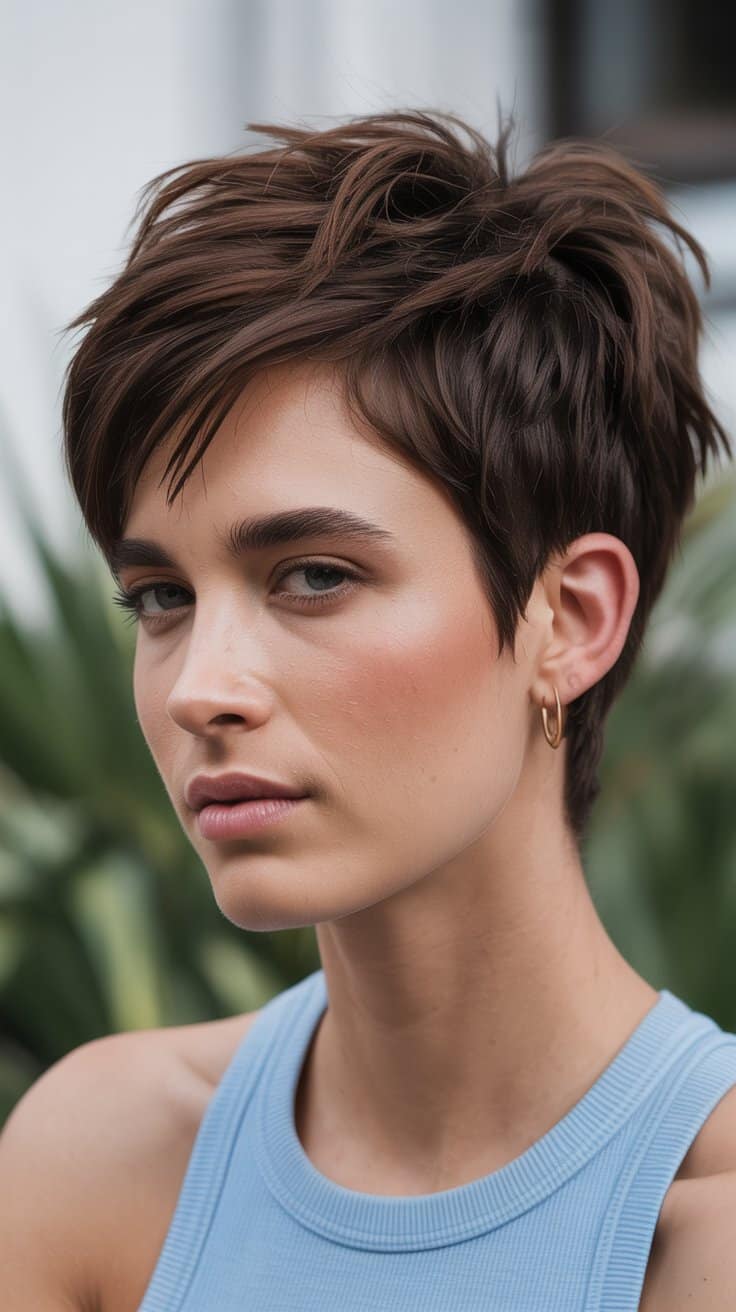 A choppy pixie with short sides and long, tousled layers on top
