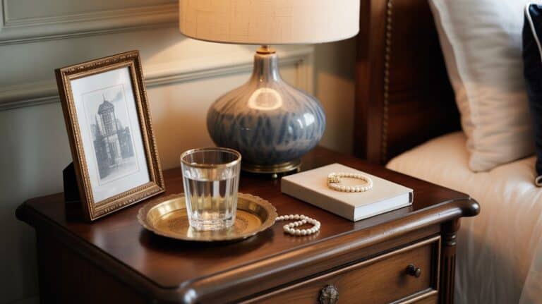 Dark wood nightstand with vintage art, monogrammed tray, and classic lamp styled in old money aesthetic