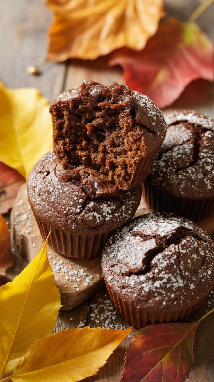 Rich gluten-free chocolate pumpkin muffins with powdered sugar on top, surrounded by autumn leaves.