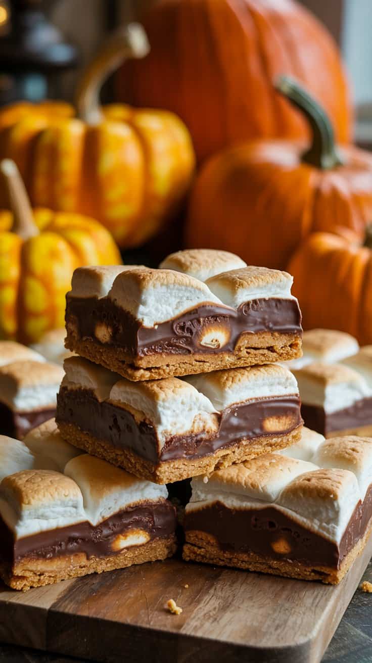 Delicious gluten-free s'mores bars stacked with pumpkins in the background.