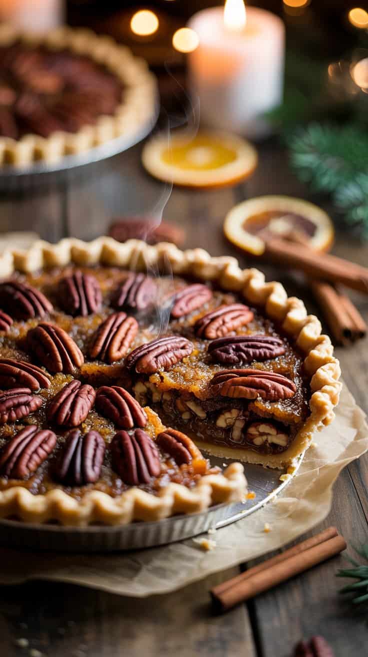 Warm gluten-free pecan pie with a golden crust and glossy pecans on top