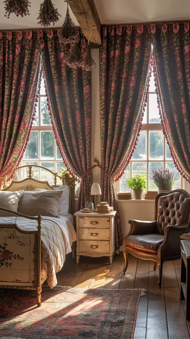 Ornate floral damask curtains in a cozy cottagecore room with vintage furniture
