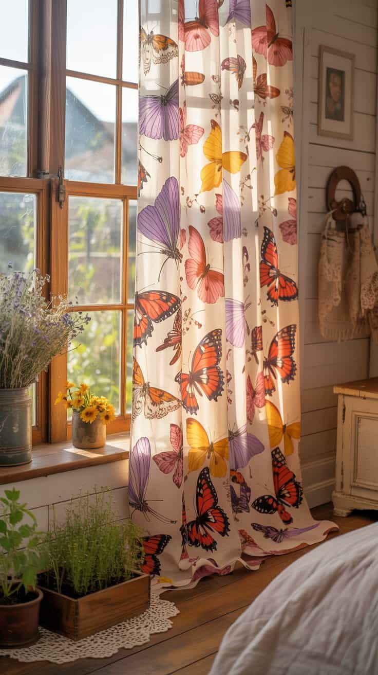 Brightly colored butterfly print curtains hanging by a window in a cottagecore room