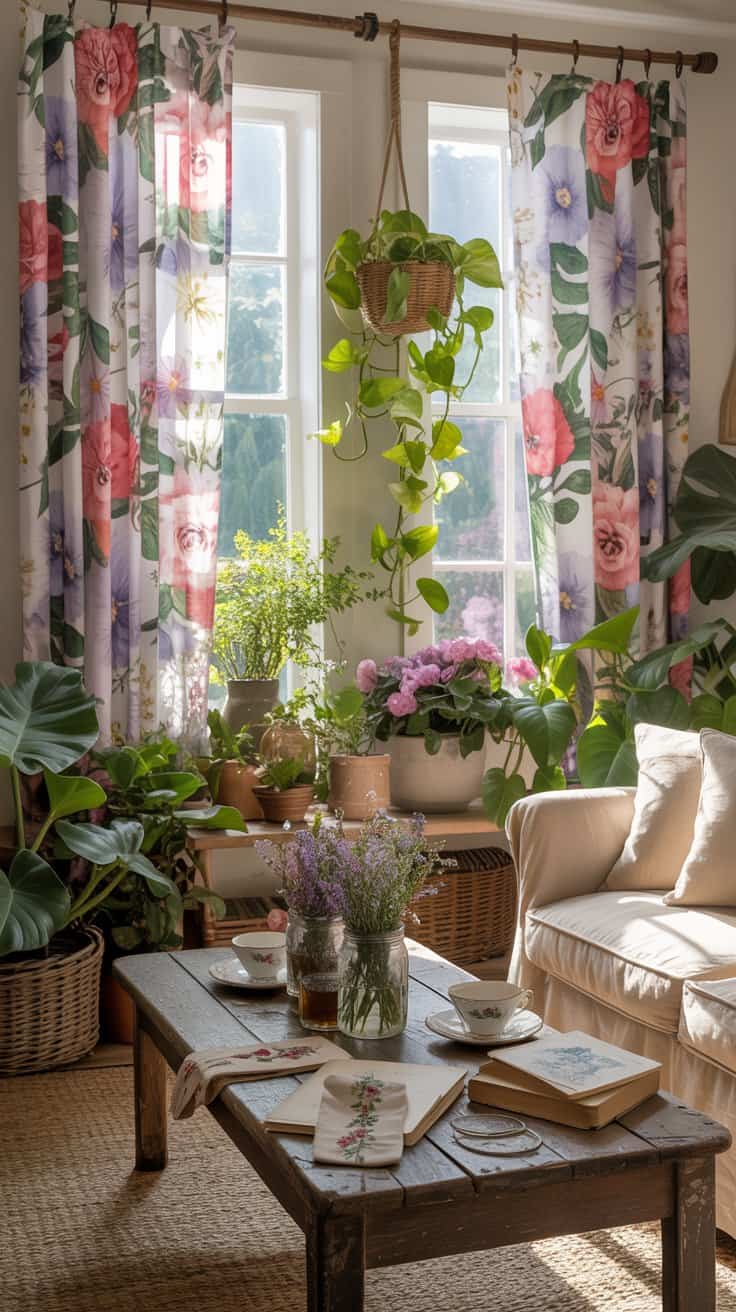Bright floral curtains in a cozy cottagecore living room with plants and a coffee table.