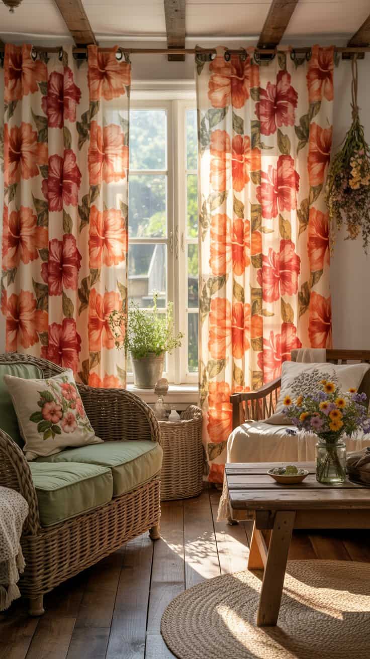 Bright hibiscus floral curtains in a cozy cottagecore living room setting