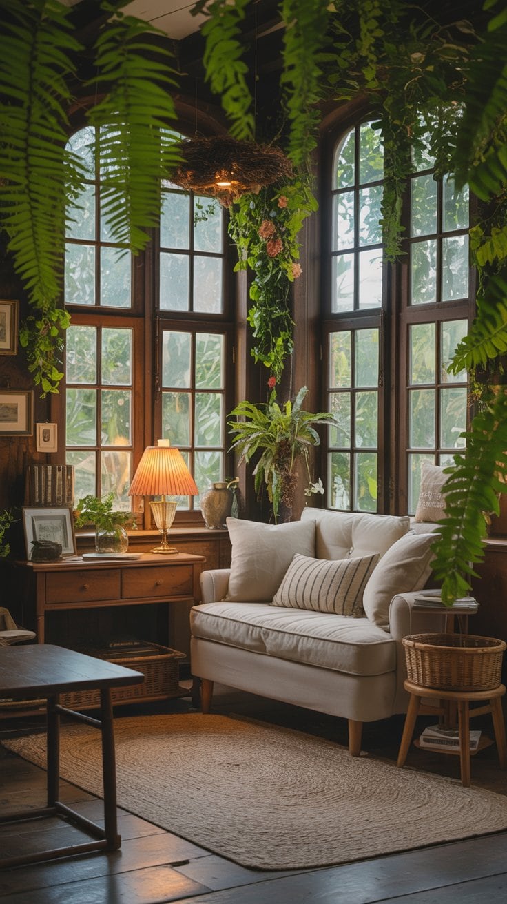 A cozy cottagecore room with large windows framed by lush ferns and leaves, creating a serene atmosphere.