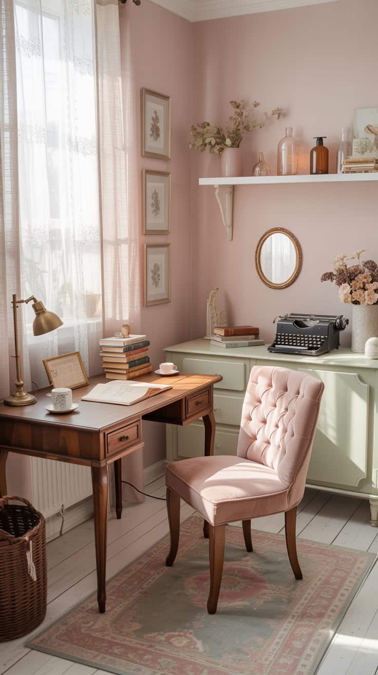 A vintage-style pastel home office with a dusty pink wall, wooden desk, velvet chair, brass lamp, and antique décor, softly lit by natural sunlight for a nostalgic, elegant vibe.