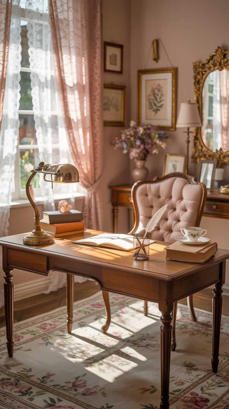 A cozy vintage home office with lace curtains, a wooden desk, and soft natural light, styled with antique décor, a velvet chair, and warm tones for a nostalgic atmosphere
