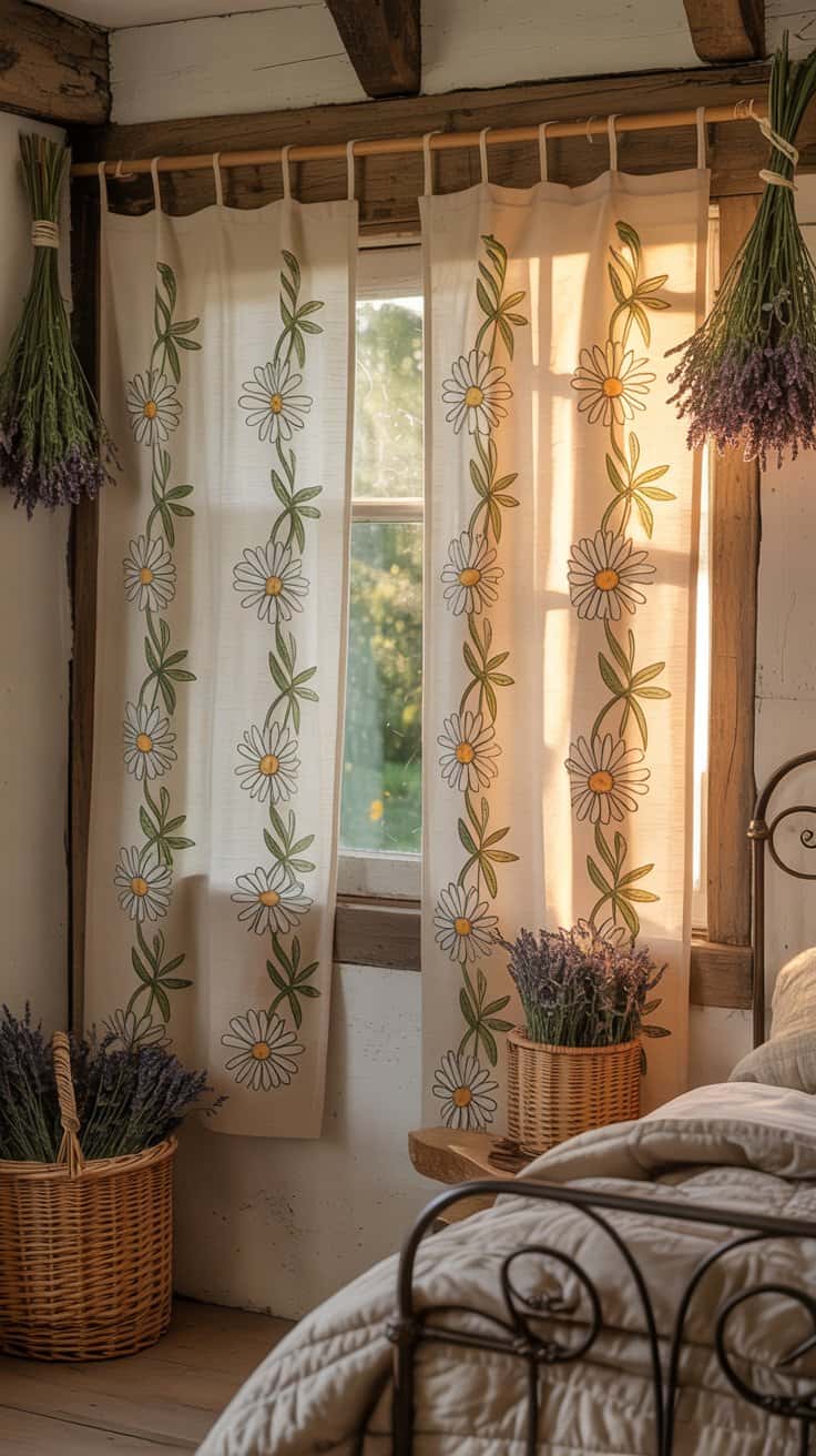 Daisy chain floral curtains in a bright cottagecore room with a cozy decor.