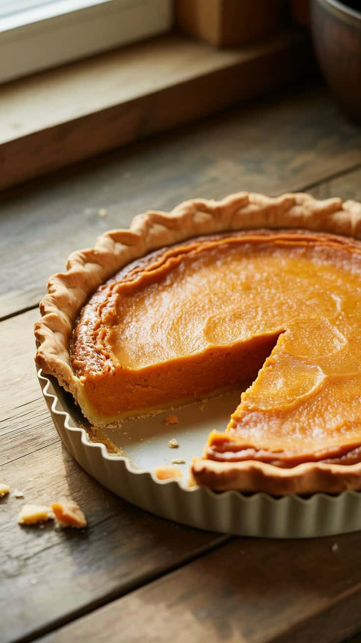 A delicious gluten-free sweet potato pie with a slice missing, set on a wooden table.